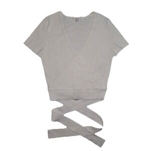 Aritzia Wilfred All Tied Up Sweater Women's L White Short Sleeve V Neck Ribbed‎